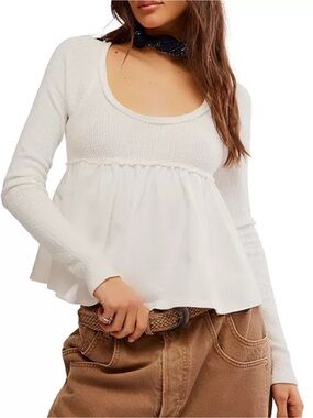 Free People We The Free XS White Peplum Babydoll Top Boho Long Sleeve Fairycore
